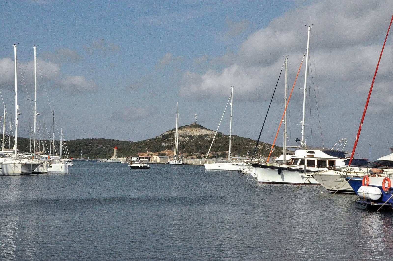 Yachts moored in the marina of Macinaggio, with a low headland behind