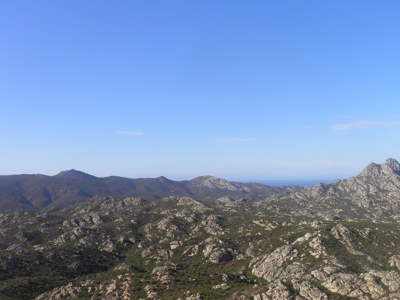 The rocky, maquis-covered hills of the Agriates desert under a clear sky